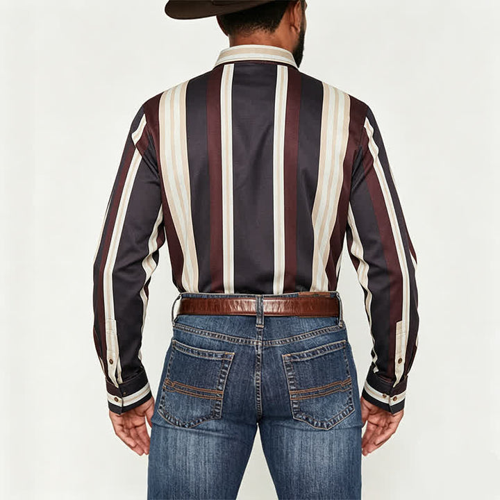 Camicia da uomo a maniche lunghe a righe verticali in stile western, bordeaux e grigio. - image 3