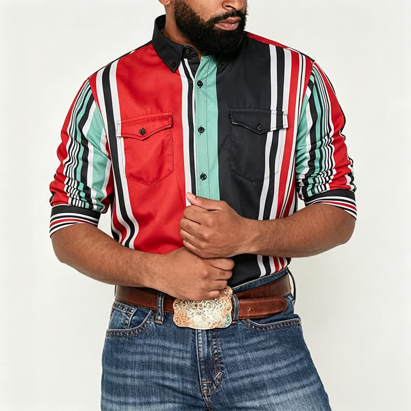 Camicia da uomo a maniche lunghe con motivo a righe multicolore a blocchi. - image 1