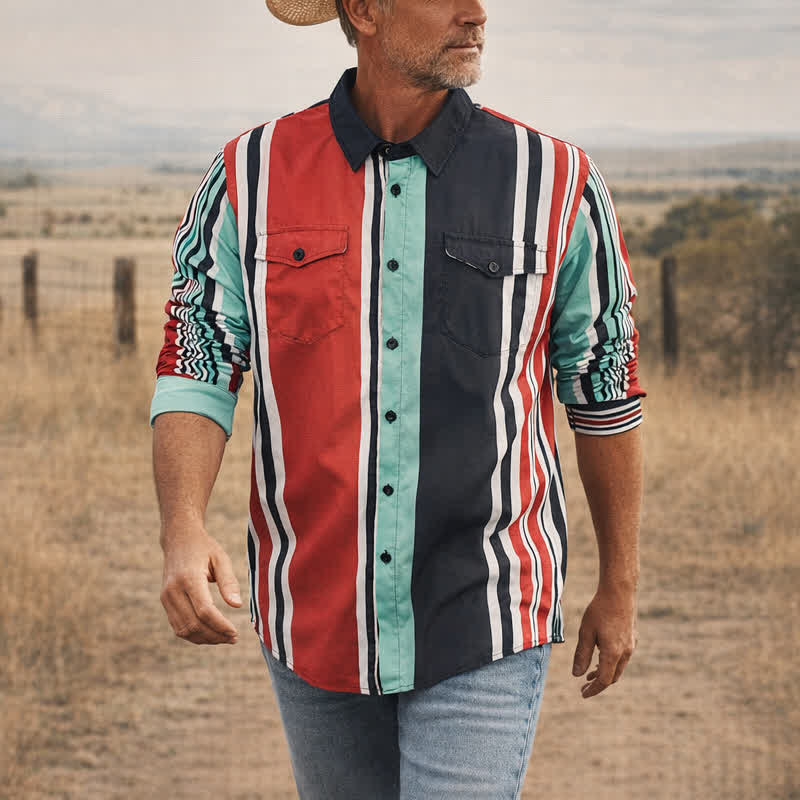 Camicia da uomo a maniche lunghe con motivo a righe multicolore a blocchi. - Multicolore - 5XL - image 0