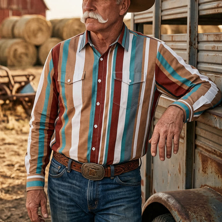 Camicia da lavoro da uomo a maniche lunghe con righe verticali, resistente e adatta per il ranch. - Marrone e blu - 5XL - image 0