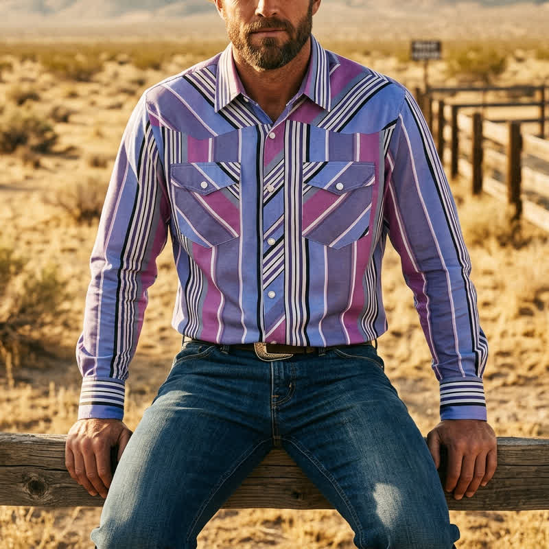 Camicia da uomo a maniche lunghe in stile western, blu e viola, ispirata agli Aztechi. - Blu e viola - 5XL - image 0