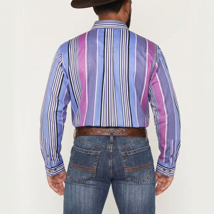 Camicia da uomo a maniche lunghe in stile western, blu e viola, ispirata agli Aztechi. - image 3