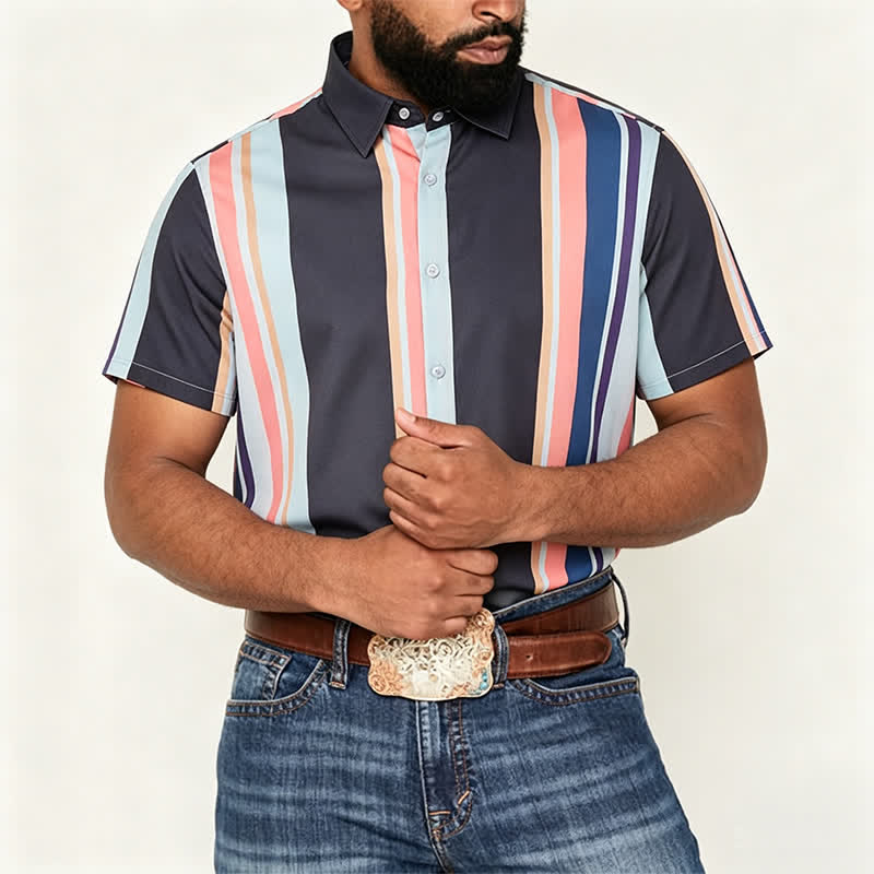Camicia da uomo a maniche corte a righe arancioni e nere, vivace colore estivo. - image 1