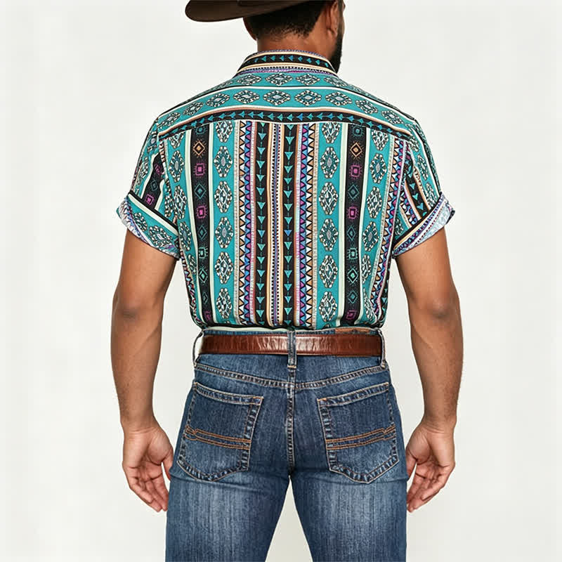 Camicia da uomo bohémien turchese con stampa a righe azteche - image 3
