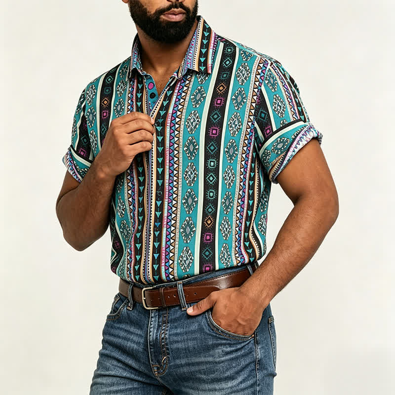 Camicia da uomo bohémien turchese con stampa a righe azteche - image 1