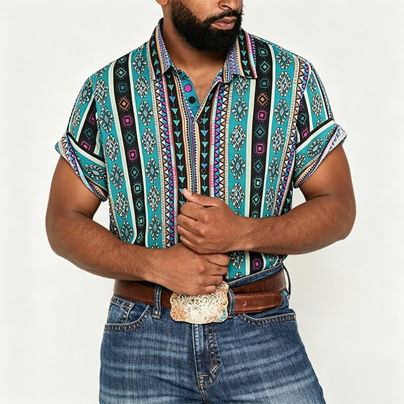 Camicia da uomo bohémien turchese con stampa a righe azteche - image 2