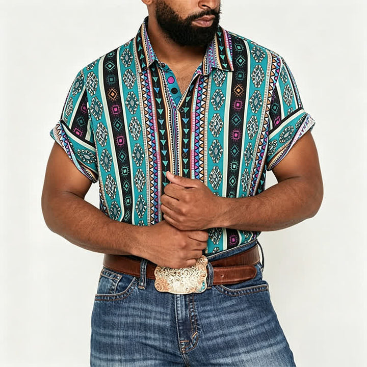 Camicia da uomo bohémien turchese con stampa a righe azteche - image 2
