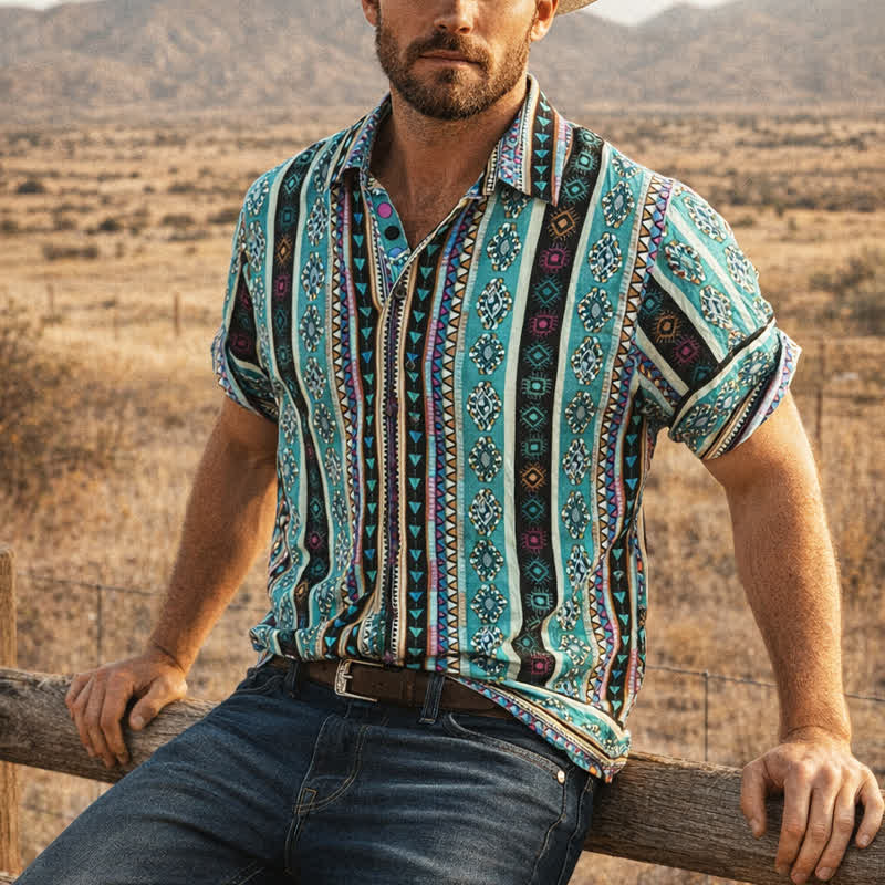 Camicia da uomo bohémien turchese con stampa a righe azteche - Turchese - 4XL - image 0