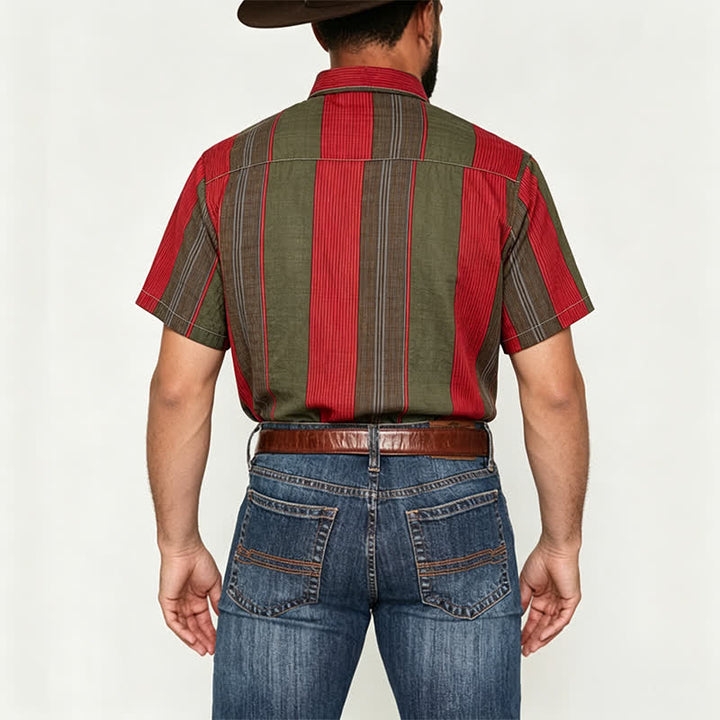 Camicia da uomo classica a maniche corte a righe rosse e verde oliva - image 3