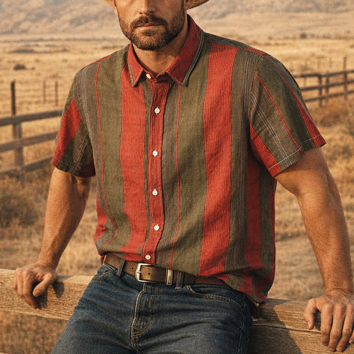 Camicia da uomo classica a maniche corte a righe rosse e verde oliva - Rosso e oliva - 3XL - image 0