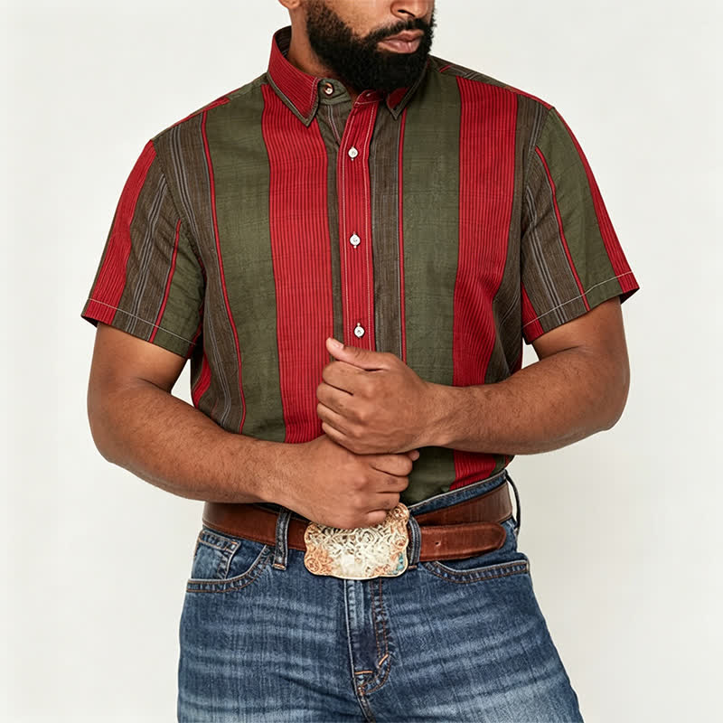 Camicia da uomo classica a maniche corte a righe rosse e verde oliva - image 1