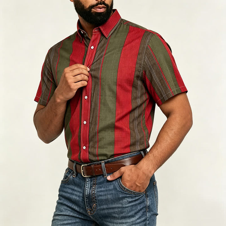 Camicia da uomo classica a maniche corte a righe rosse e verde oliva - image 2