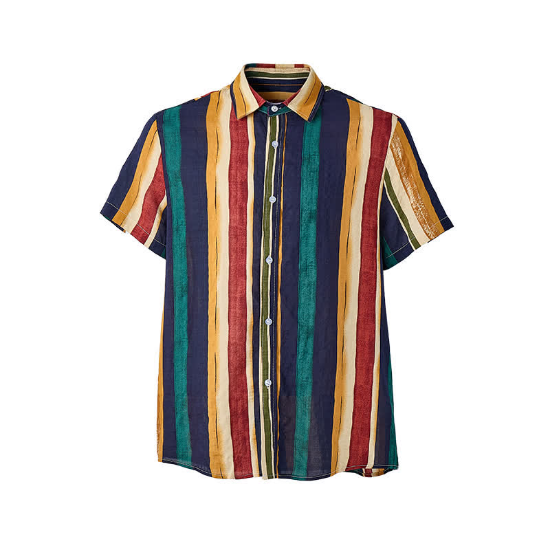 Camicia da uomo a righe gialle e blu navy con effetto pennellata effetto invecchiato - image 8