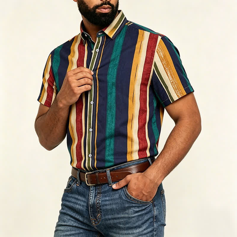 Camicia da uomo a righe gialle e blu navy con effetto pennellata effetto invecchiato - image 2