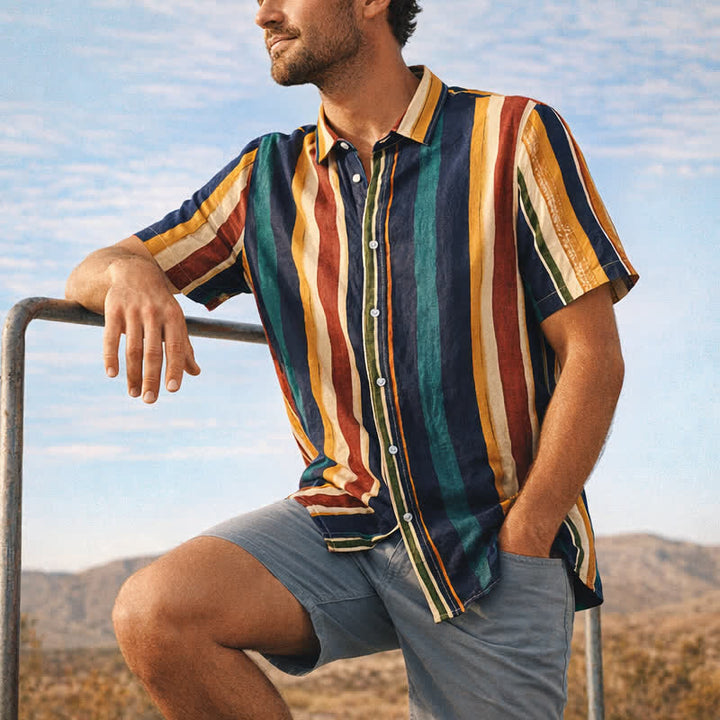 Camicia da uomo a righe gialle e blu navy con effetto pennellata effetto invecchiato - Giallo e blu navy - 3XL - image 0