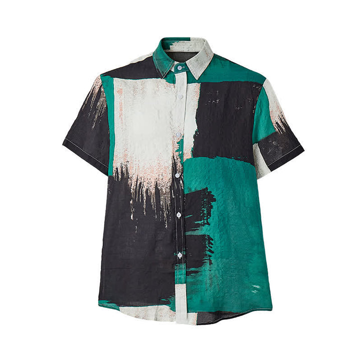 Camicia da uomo verde e nera con motivo astratto a pennellate e blocchi di colore. - image 9