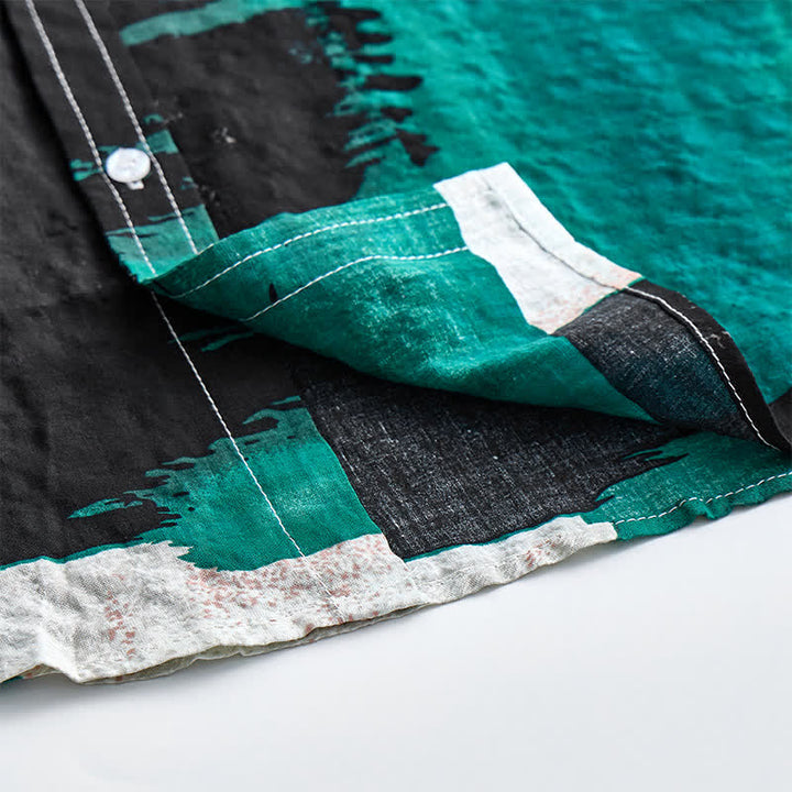 Camicia da uomo verde e nera con motivo astratto a pennellate e blocchi di colore. - image 7