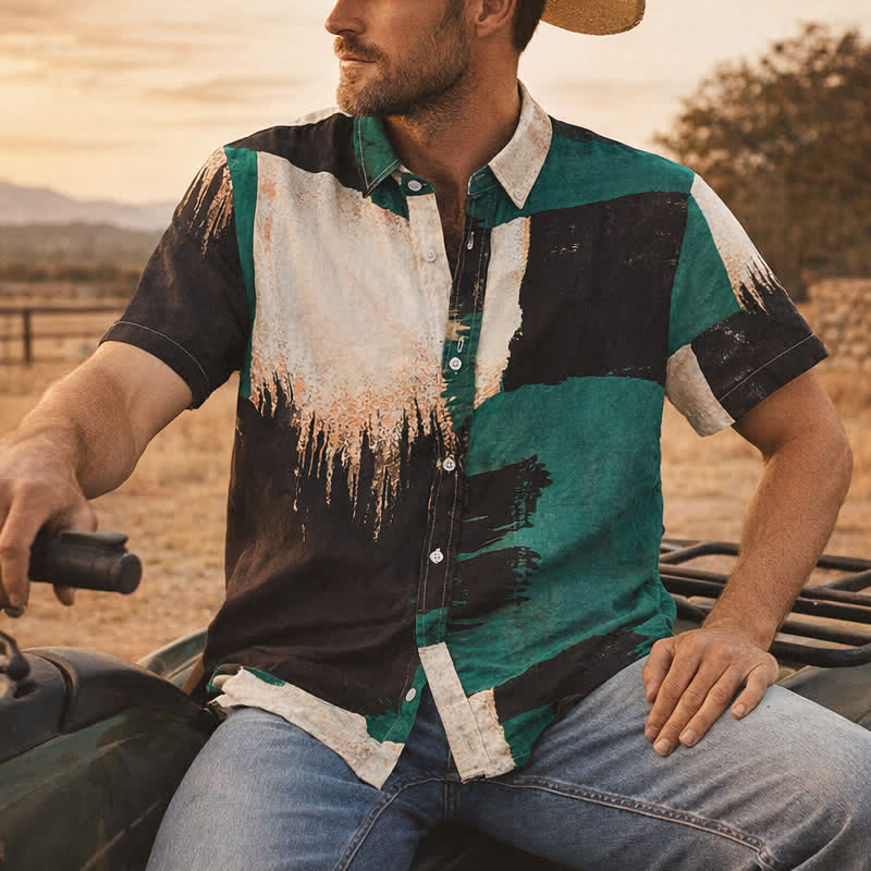 Camicia da uomo verde e nera con motivo astratto a pennellate e blocchi di colore. - Verde e nero - 3XL - image 0