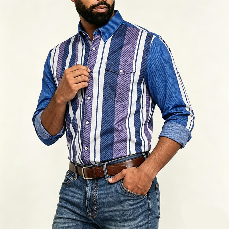 Camicia da uomo a maniche lunghe a righe blu in stile cowboy retrò - image 2