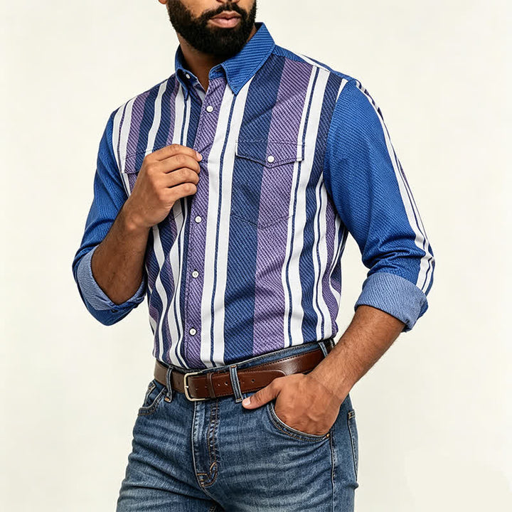 Camicia da uomo a maniche lunghe a righe blu in stile cowboy retrò - image 2