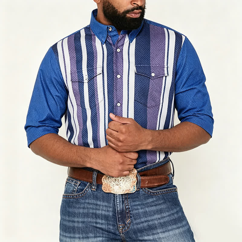Camicia da uomo a maniche lunghe a righe blu in stile cowboy retrò - image 1