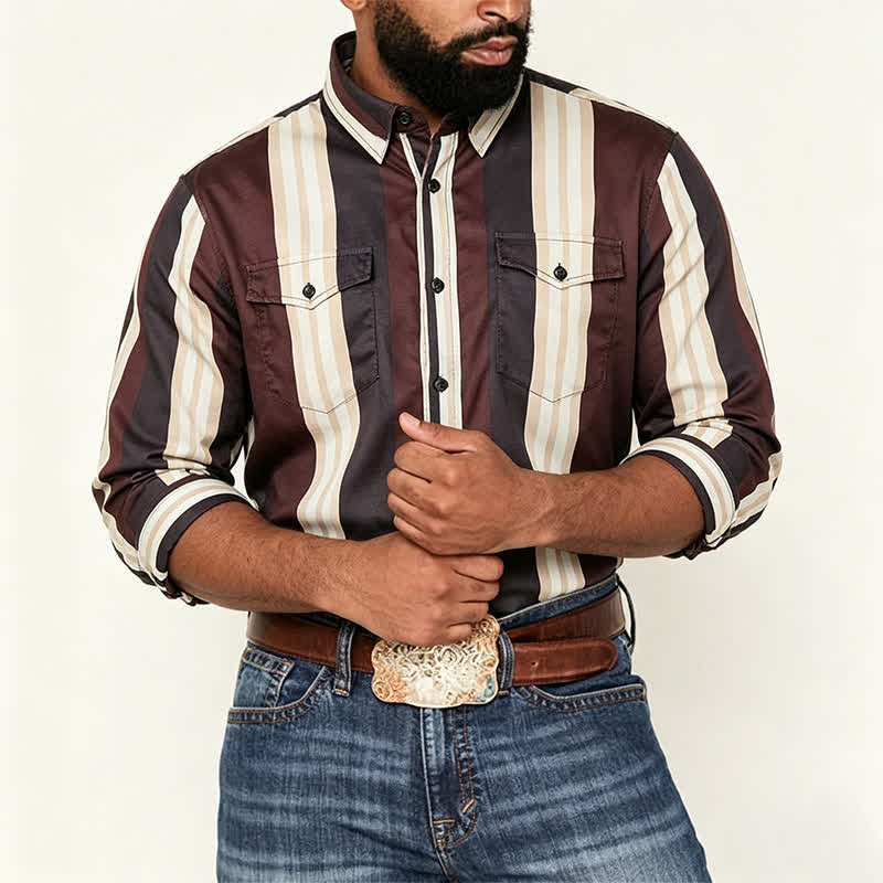 Camicia da uomo a maniche lunghe a righe verticali in stile western, bordeaux e grigio. - image 1