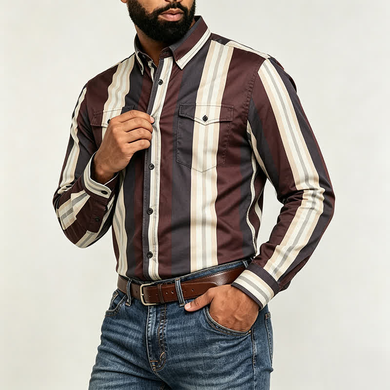 Camicia da uomo a maniche lunghe a righe verticali in stile western, bordeaux e grigio. - image 2