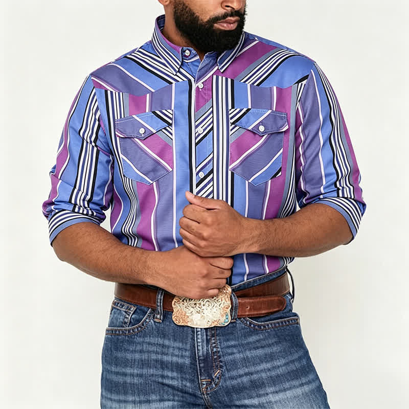 Camicia da uomo a maniche lunghe in stile western, blu e viola, ispirata agli Aztechi. - image 1