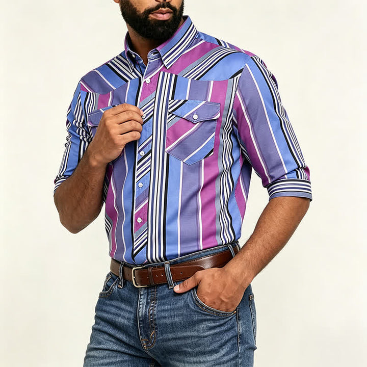 Camicia da uomo a maniche lunghe in stile western, blu e viola, ispirata agli Aztechi. - image 2