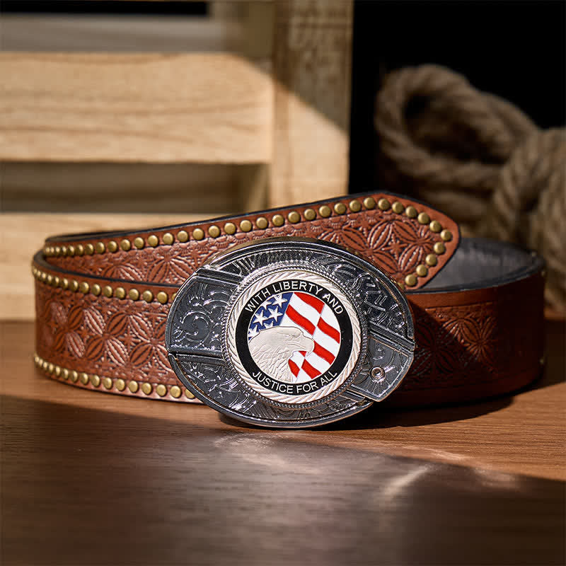 Cintura in pelle con fibbia a forma di aquila e coltello pieghevole nascosto fai-da-te Liberty & Justice - Aquila con la bandiera americana - Cintura con rivetti marroni - 42 - image 6