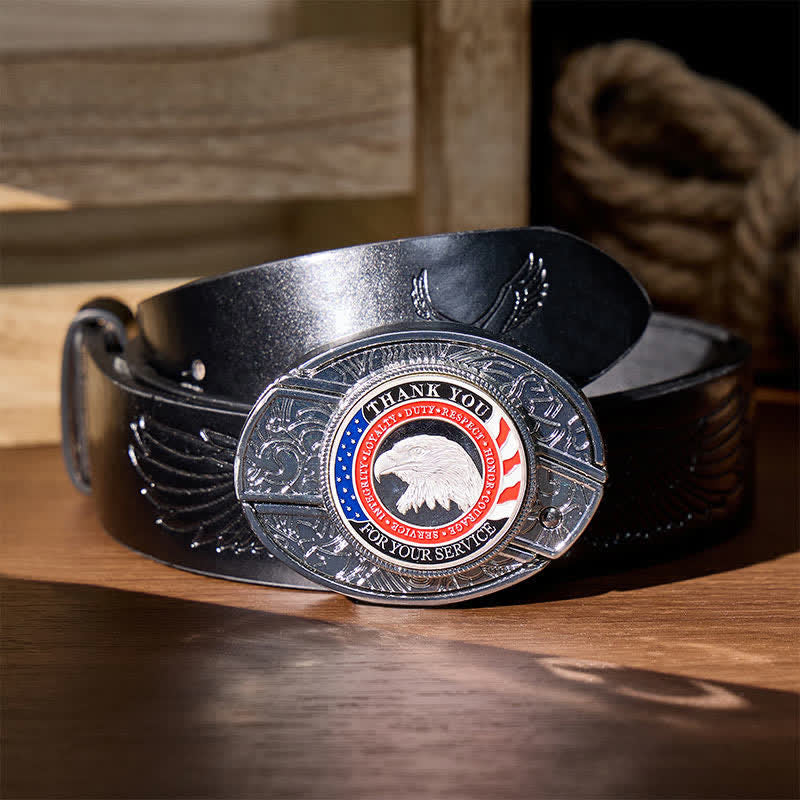Cintura in pelle con fibbia a forma di aquila e coltello pieghevole nascosto fai-da-te Honor & Courage - Aquila patriottica - Cintura nera con aquila in rilievo - 42 - image 4