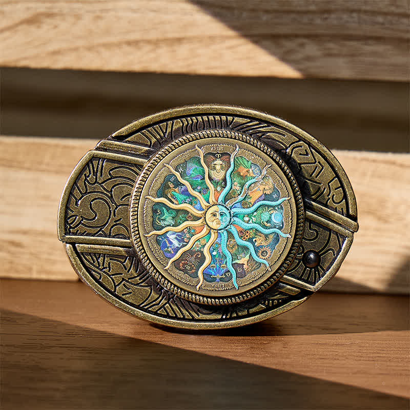 Cintura in pelle con fibbia a scomparsa in bronzo a tema astrologia e zodiaco. - Bronzo - Senza cintura - Cintura non inclusa - image 0