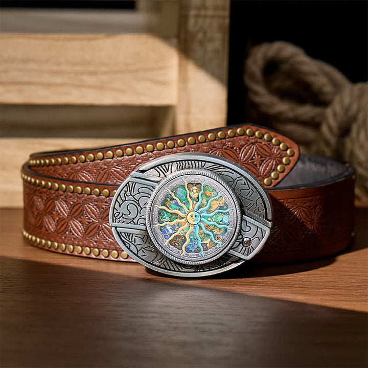 Cintura in pelle con fibbia a scomparsa per coltello pieghevole fai-da-te con motivo astrologico e zodiacale. - Argento - Cintura con rivetti marroni - 42 - image 4