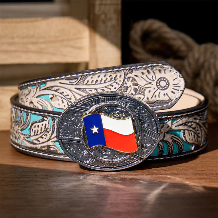 Cintura in pelle con fibbia a scomparsa a forma di coltello pieghevole con bandiera dello Stato del Texas - Bandiera dello Stato del Texas - Cintura grigia a fiori - 42 - image 8