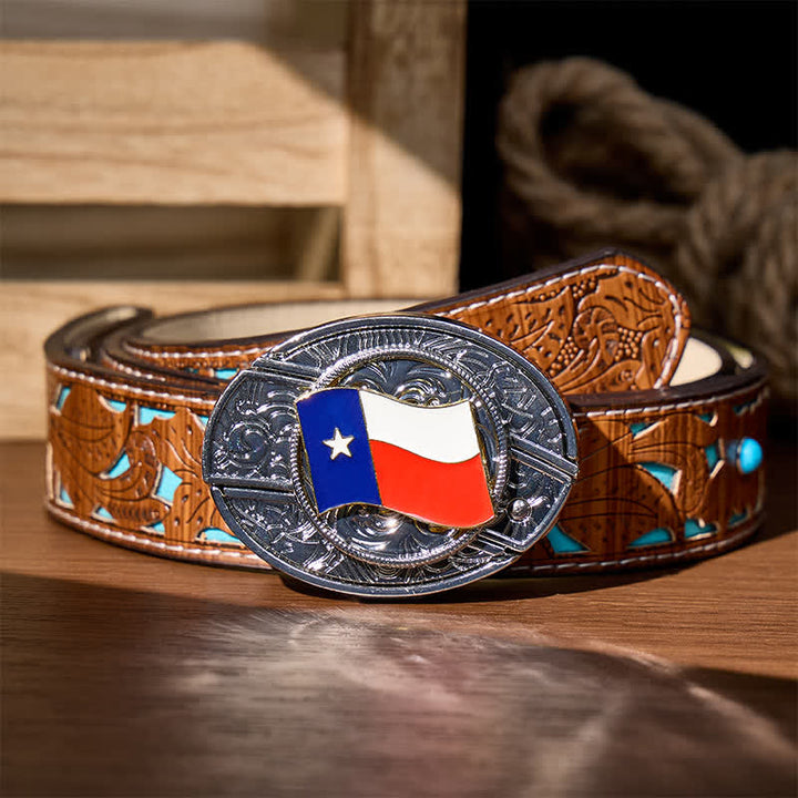 Cintura in pelle con fibbia a scomparsa a forma di coltello pieghevole con bandiera dello Stato del Texas - Bandiera dello Stato del Texas - Cintura turchese intagliata - 42 - image 3