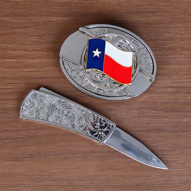Cintura in pelle con fibbia a scomparsa a forma di coltello pieghevole con bandiera dello Stato del Texas - image 1