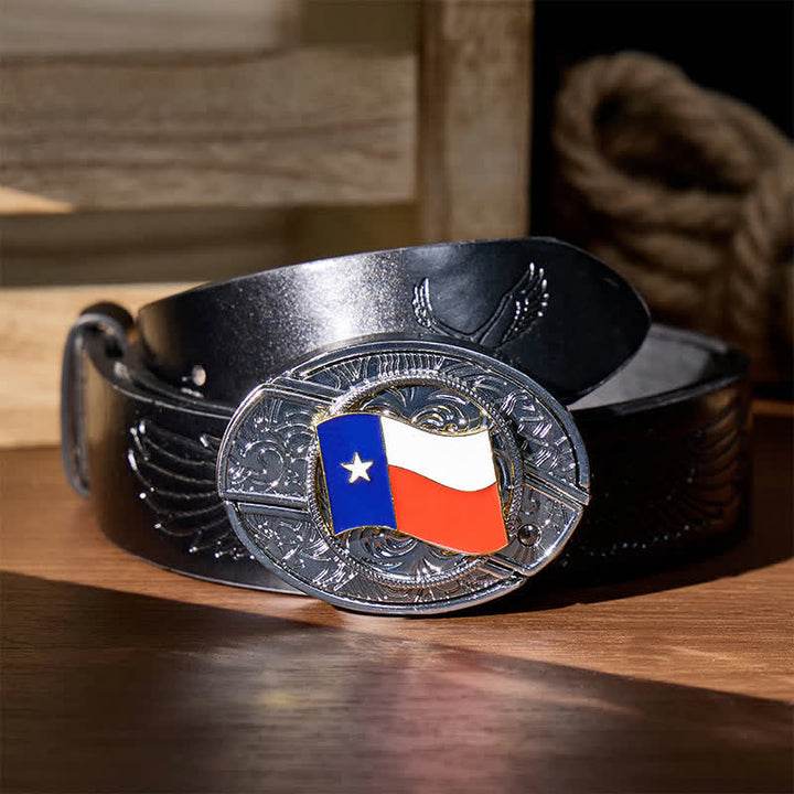 Cintura in pelle con fibbia a scomparsa a forma di coltello pieghevole con bandiera dello Stato del Texas - Bandiera dello Stato del Texas - Cintura nera con aquila in rilievo - 42 - image 2