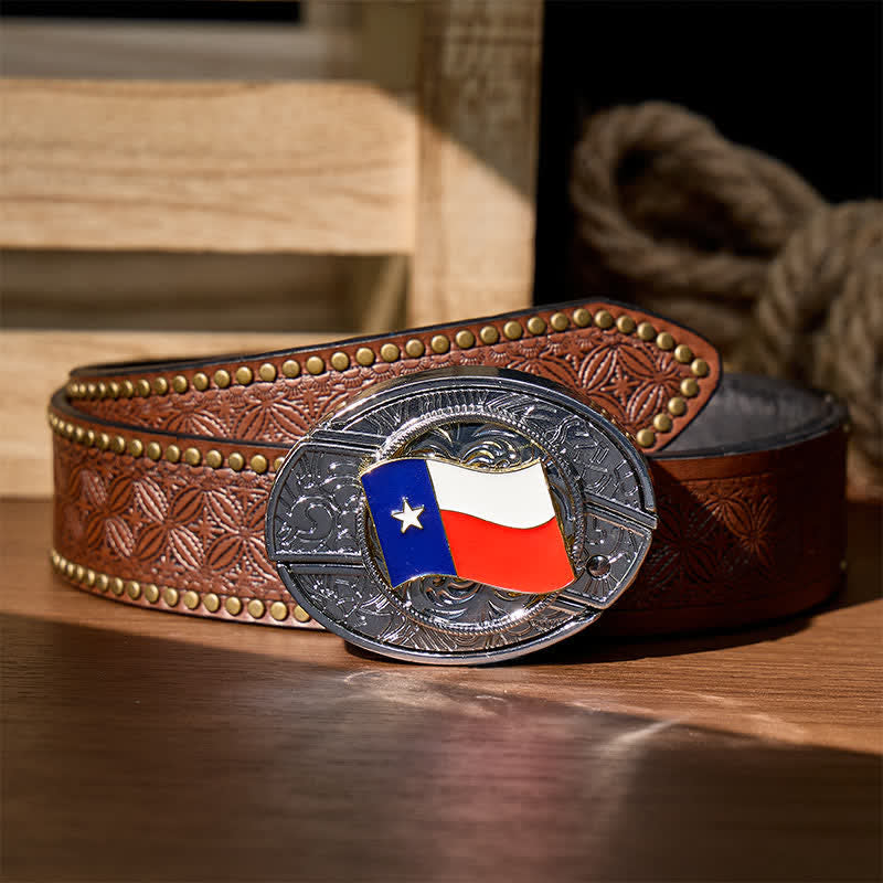 Cintura in pelle con fibbia a scomparsa a forma di coltello pieghevole con bandiera dello Stato del Texas - Bandiera dello Stato del Texas - Cintura con rivetti marroni - 42 - image 4