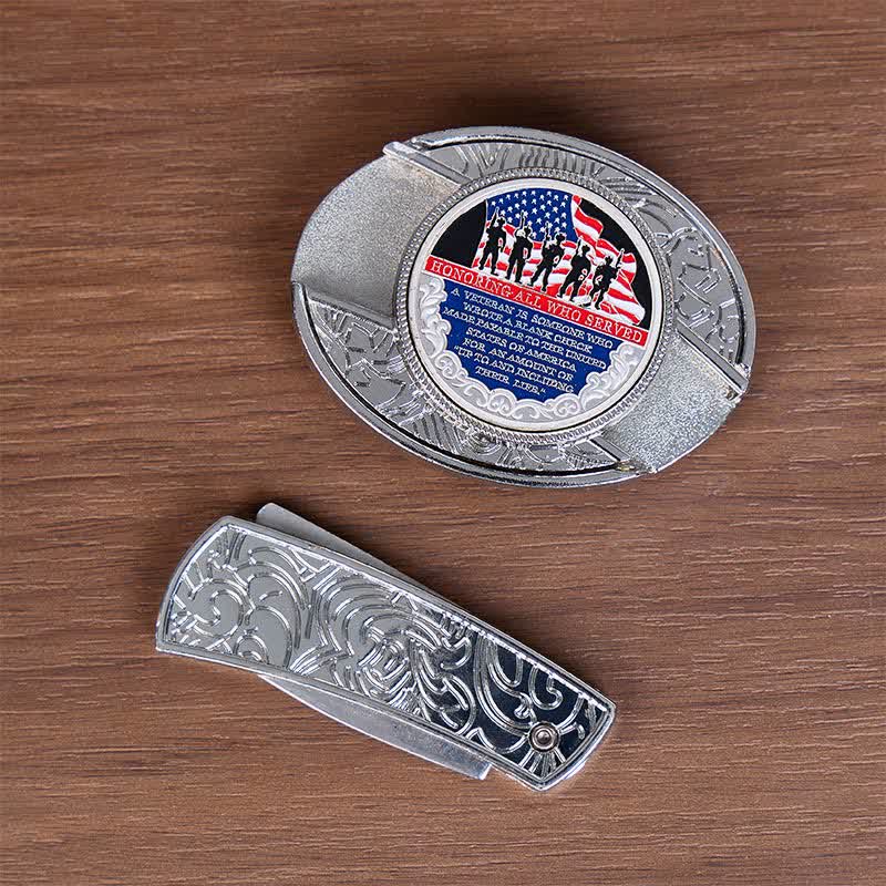 Cintura in pelle con fibbia a bandiera e coltello pieghevole nascosto fai-da-te con citazione patriottica - image 9