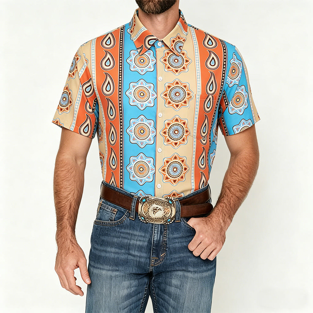 Camicia da uomo a maniche corte con stampa western vintage e bottoni - image 1