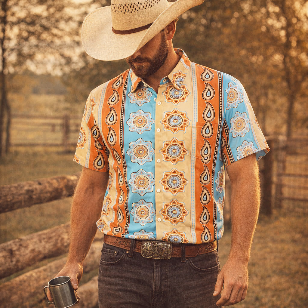 Camicia da uomo a maniche corte con stampa western vintage e bottoni - Arancia - 3XL - image 0