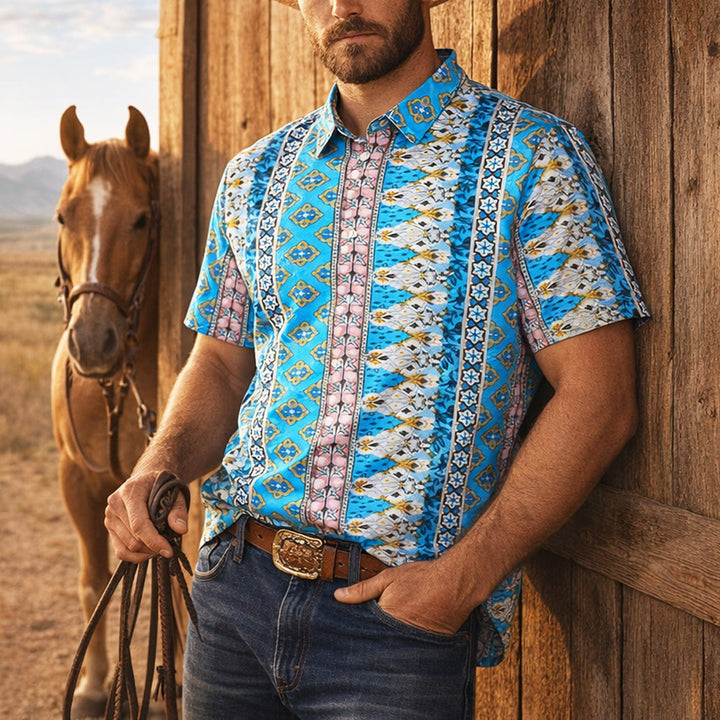 Camicia da uomo estiva a maniche corte con stampa grafica western - Blu - 4XL - image 0
