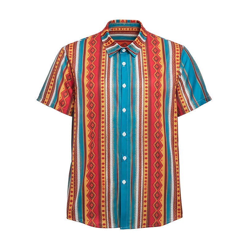 Camicia casual da uomo a maniche corte con righe geometriche in stile retrò western. - image 8
