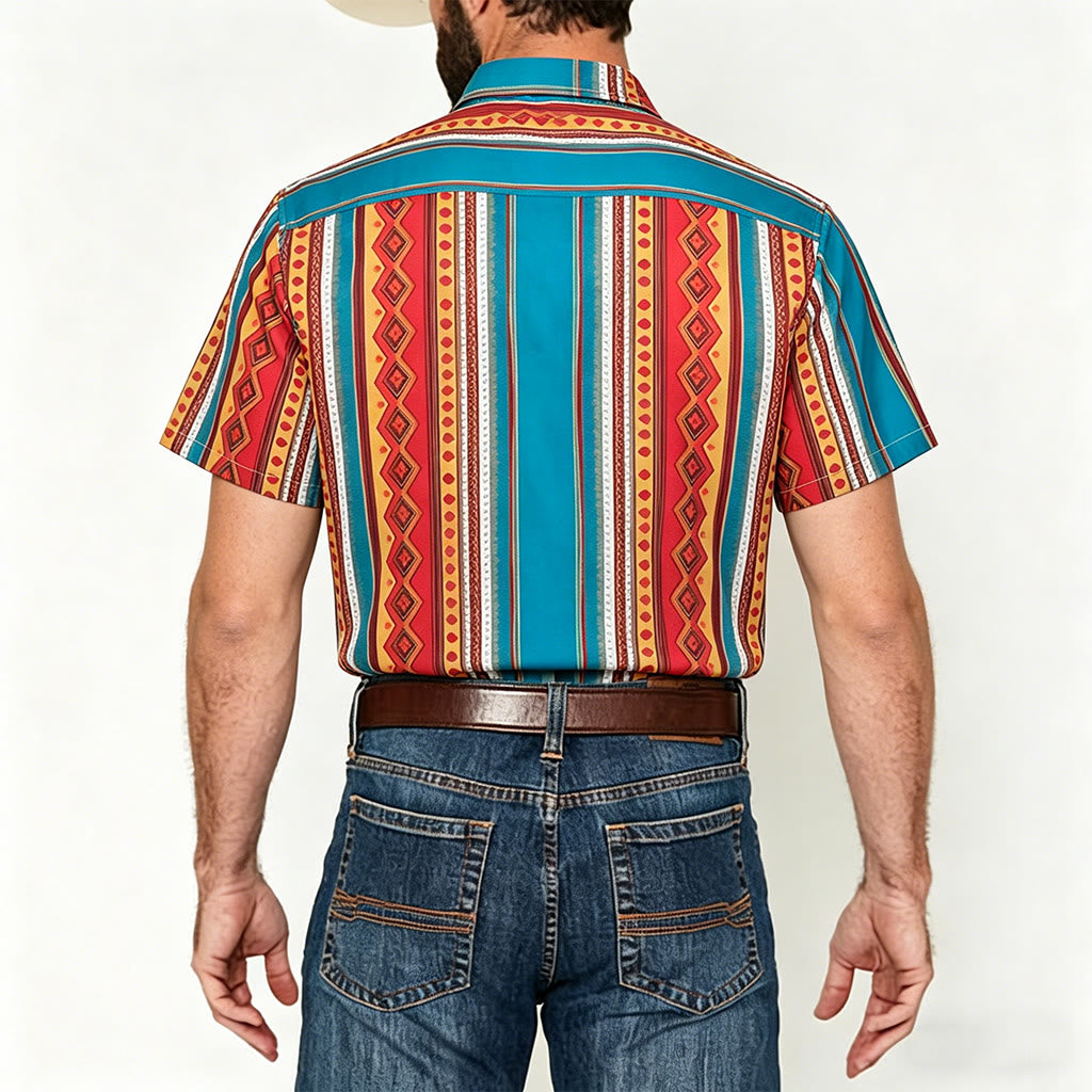 Camicia casual da uomo a maniche corte con righe geometriche in stile retrò western. - image 2