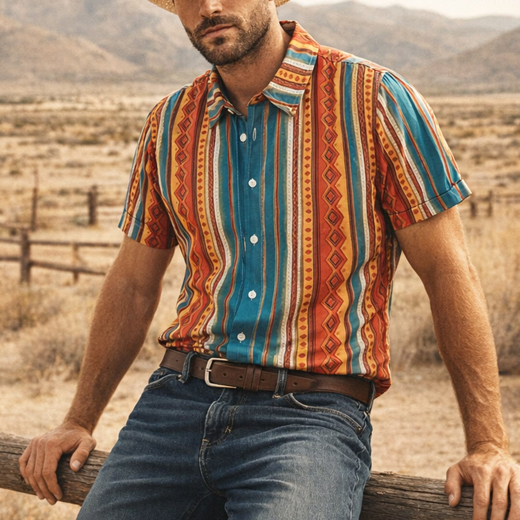 Camicia casual da uomo a maniche corte con righe geometriche in stile retrò western. - Arancia - 4XL - image 0