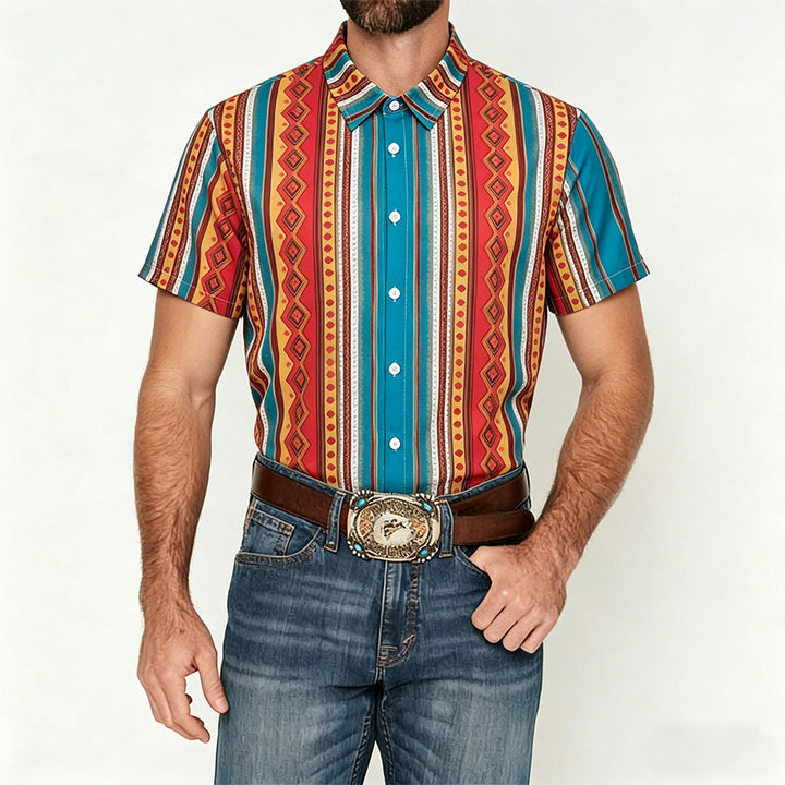 Camicia casual da uomo a maniche corte con righe geometriche in stile retrò western. - image 1