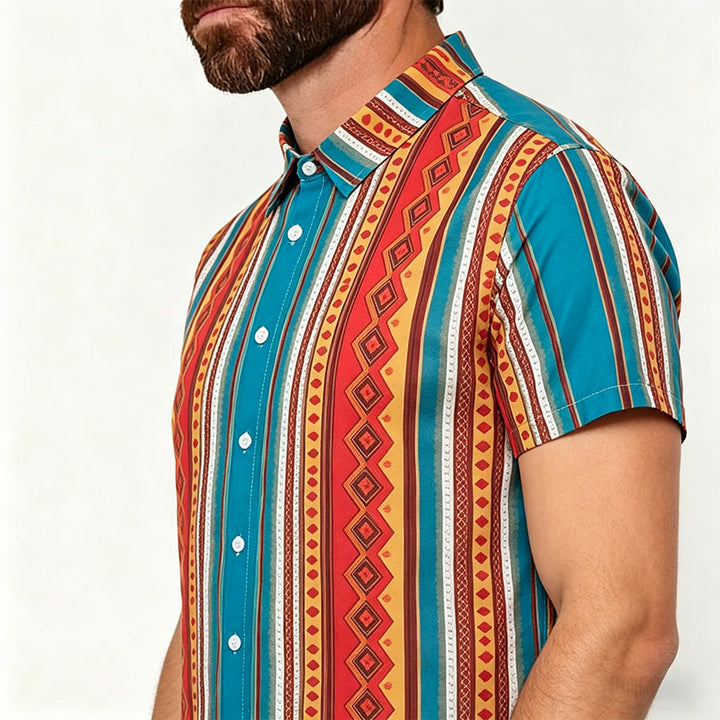 Camicia casual da uomo a maniche corte con righe geometriche in stile retrò western. - image 3
