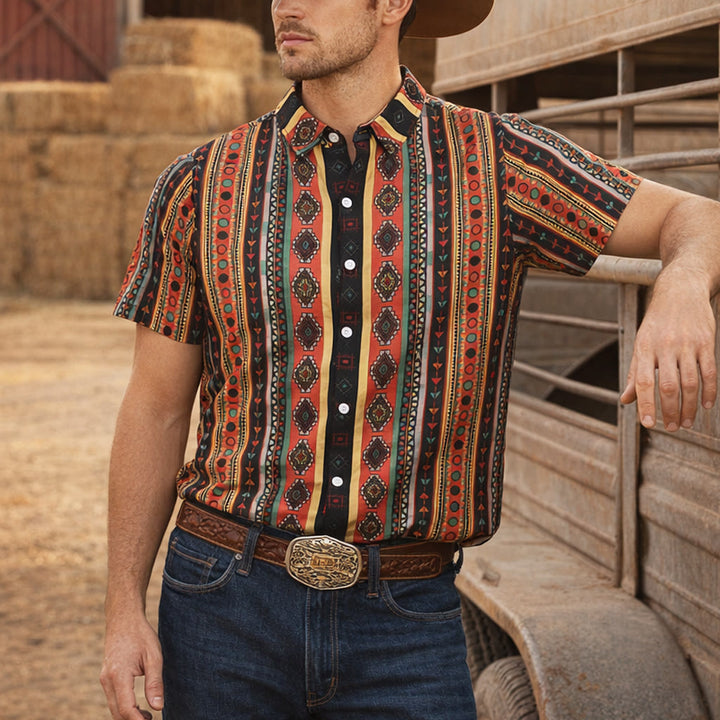 Camicia casual da uomo a maniche corte con stampa a righe tribali in stile western. - Rosso - 5XL - image 0