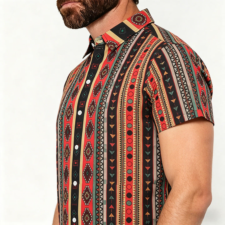 Camicia casual da uomo a maniche corte con stampa a righe tribali in stile western. - image 3