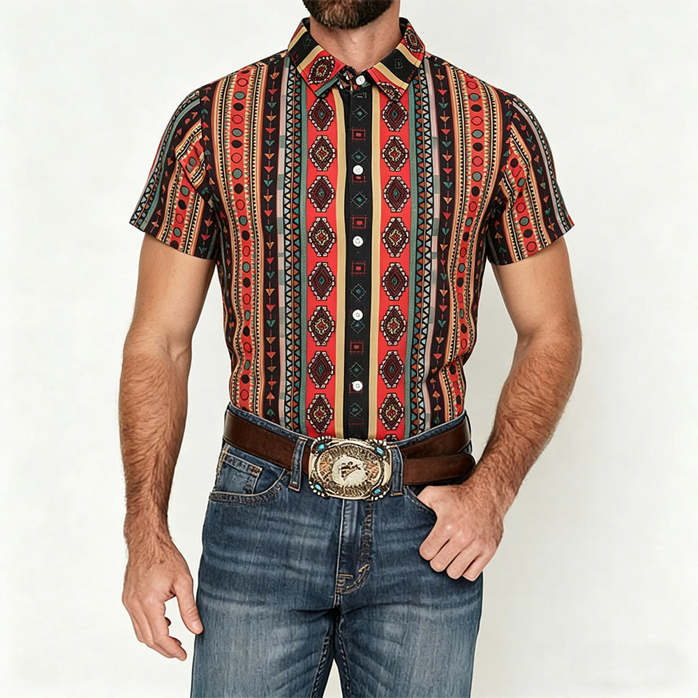 Camicia casual da uomo a maniche corte con stampa a righe tribali in stile western. - image 1